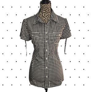 MAJORA Black and White Gingham Button Down Shirt with bowties (XL)